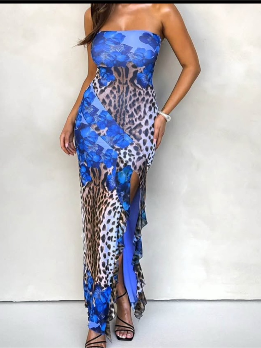 Strapless Blue Floral & Leopard Print Maxi Dress
